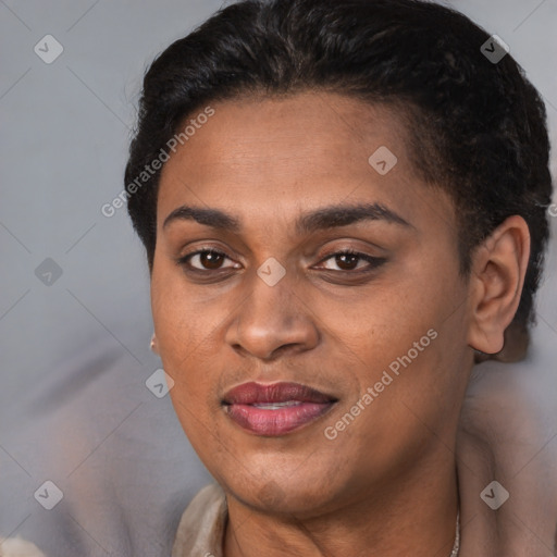 Joyful black young-adult female with short  brown hair and brown eyes