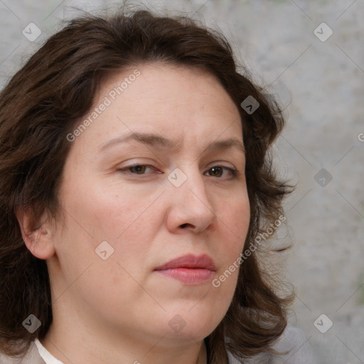 Neutral white adult female with medium  brown hair and brown eyes