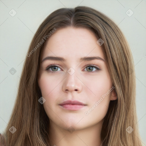 Neutral white young-adult female with long  brown hair and brown eyes