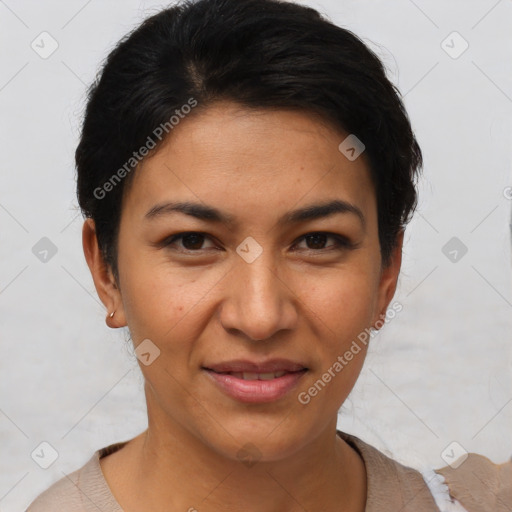 Joyful latino young-adult female with short  brown hair and brown eyes