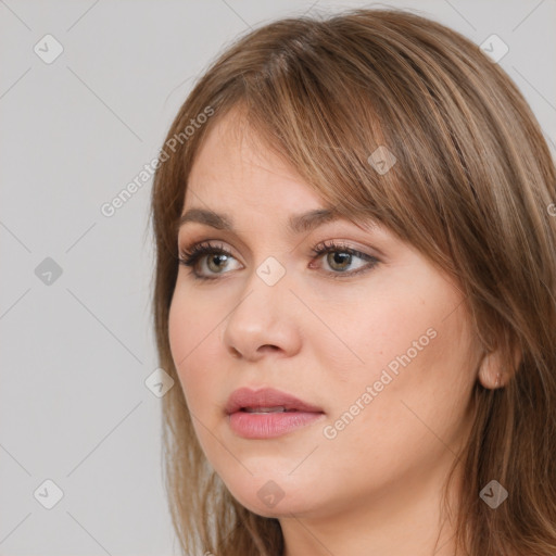 Neutral white young-adult female with medium  brown hair and brown eyes