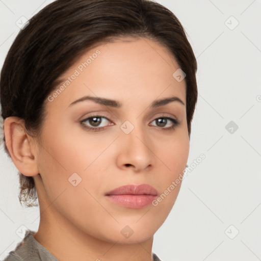 Neutral white young-adult female with short  brown hair and brown eyes