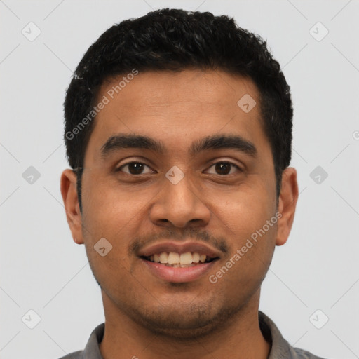 Joyful latino young-adult male with short  black hair and brown eyes