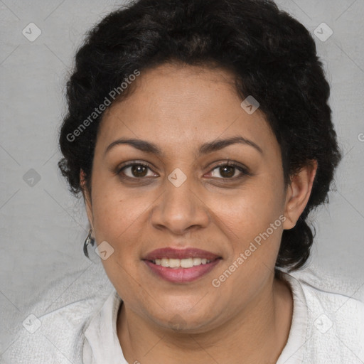 Joyful white adult female with short  brown hair and brown eyes