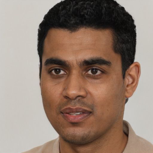 Neutral black young-adult male with short  black hair and brown eyes