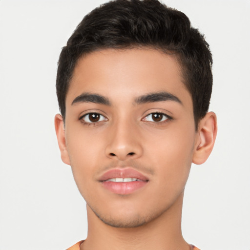 Neutral latino young-adult male with short  brown hair and brown eyes