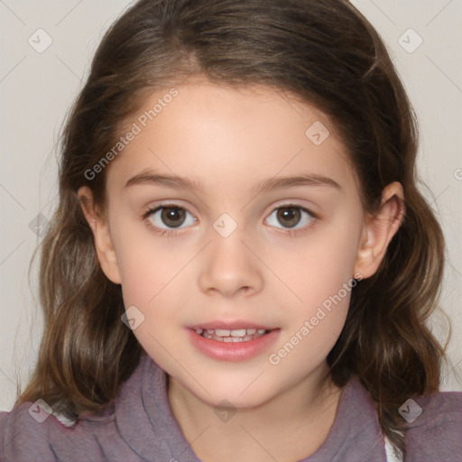 Joyful white child female with medium  brown hair and brown eyes