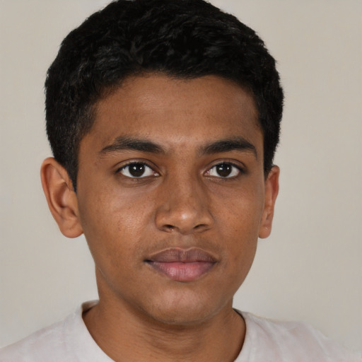 Neutral black young-adult male with short  black hair and brown eyes