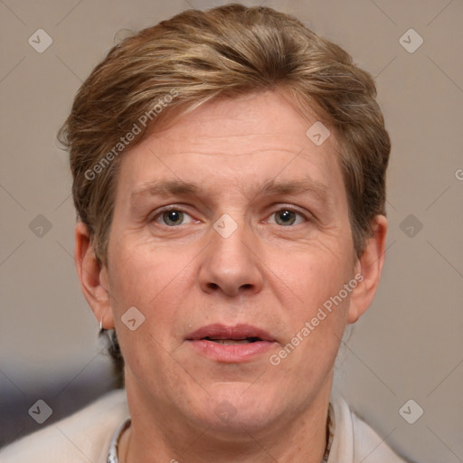 Joyful white adult male with short  brown hair and grey eyes