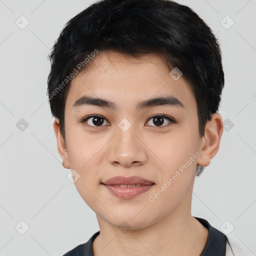 Joyful white young-adult male with short  black hair and brown eyes