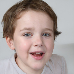 Joyful white child female with medium  brown hair and blue eyes