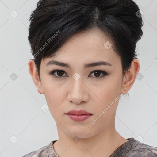 Neutral asian young-adult female with short  brown hair and brown eyes