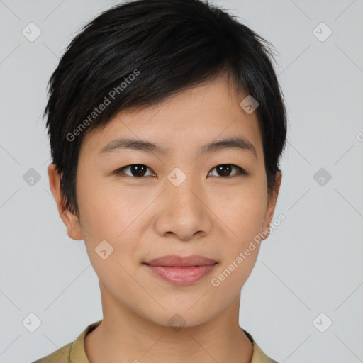 Joyful asian young-adult female with short  black hair and brown eyes