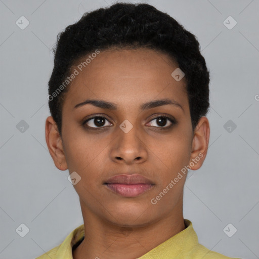 Neutral black young-adult female with short  brown hair and brown eyes