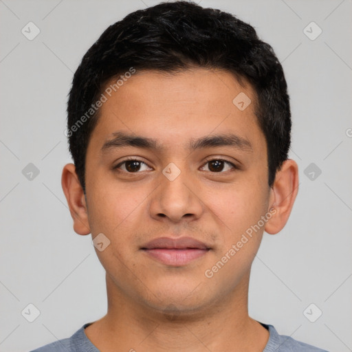 Neutral latino young-adult male with short  black hair and brown eyes