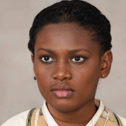 Neutral black young-adult female with short  brown hair and brown eyes