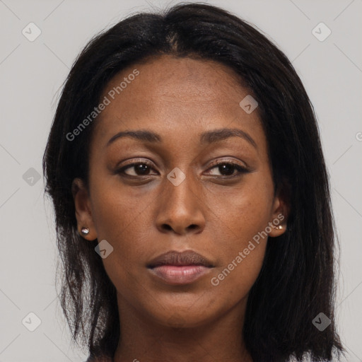 Neutral asian young-adult female with long  brown hair and brown eyes
