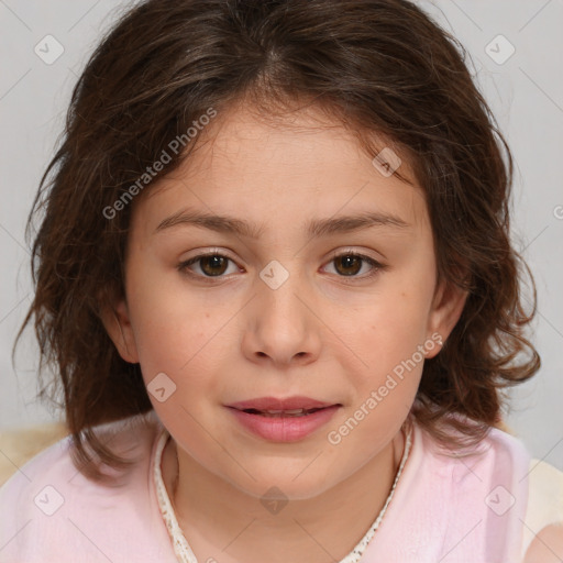 Joyful white child female with medium  brown hair and brown eyes