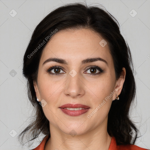 Joyful white young-adult female with medium  brown hair and brown eyes