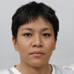 Neutral asian young-adult female with short  brown hair and brown eyes