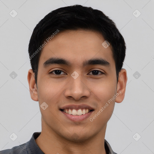 Joyful asian young-adult male with short  black hair and brown eyes