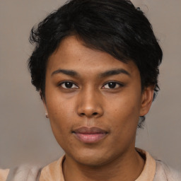 Neutral asian young-adult female with short  brown hair and brown eyes