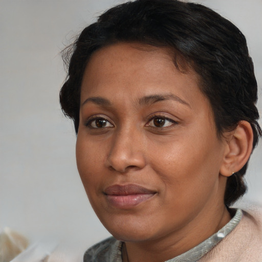 Joyful black adult female with short  brown hair and brown eyes