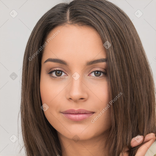 Neutral white young-adult female with long  brown hair and brown eyes