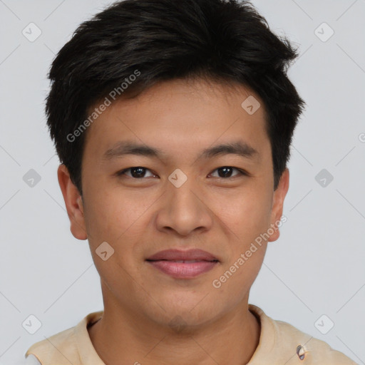 Joyful asian young-adult male with short  brown hair and brown eyes