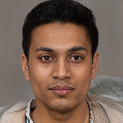 Joyful black young-adult male with short  black hair and brown eyes