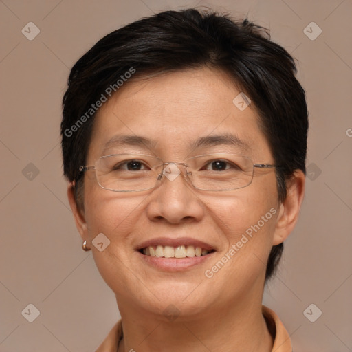 Joyful white adult female with short  brown hair and brown eyes