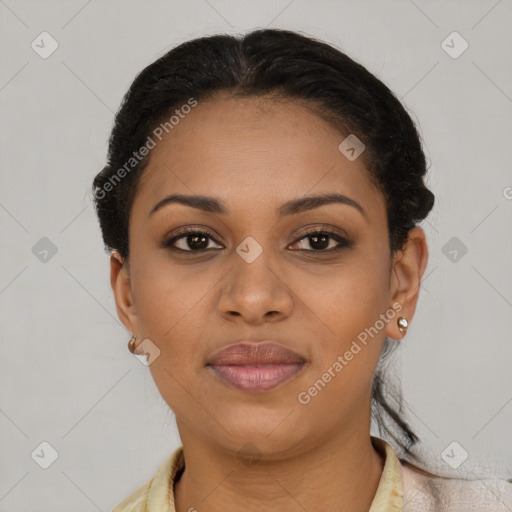 Joyful latino young-adult female with short  brown hair and brown eyes