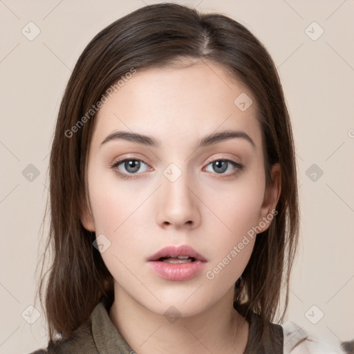 Neutral white young-adult female with medium  brown hair and brown eyes