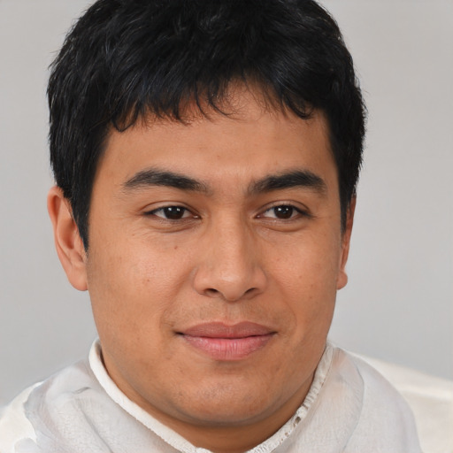 Joyful asian young-adult male with short  brown hair and brown eyes