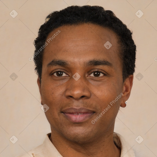 Neutral black adult male with short  black hair and brown eyes