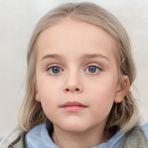 Neutral white child female with medium  brown hair and blue eyes