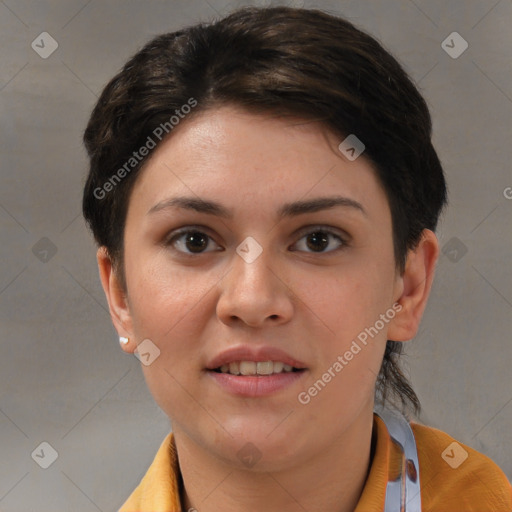 Joyful white young-adult female with medium  brown hair and brown eyes