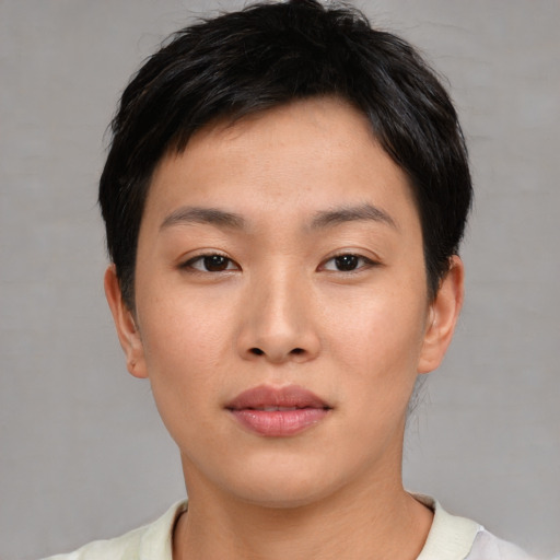 Neutral asian young-adult female with short  black hair and brown eyes