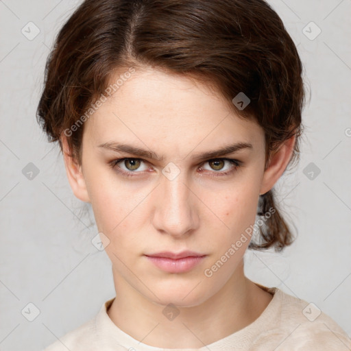 Neutral white young-adult female with short  brown hair and brown eyes