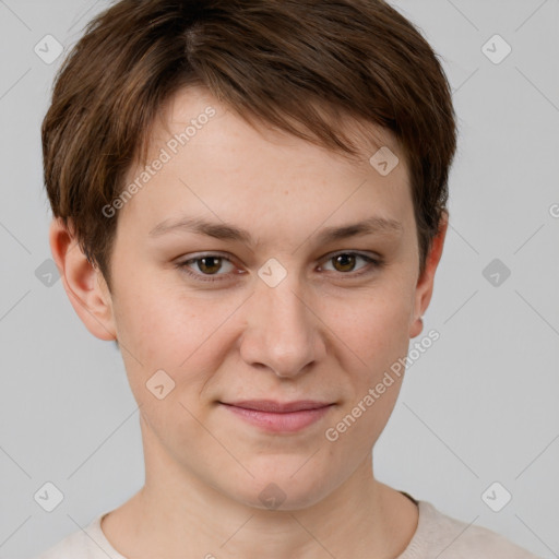 Joyful white young-adult female with short  brown hair and grey eyes