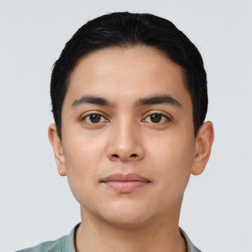 Neutral asian young-adult male with short  black hair and brown eyes