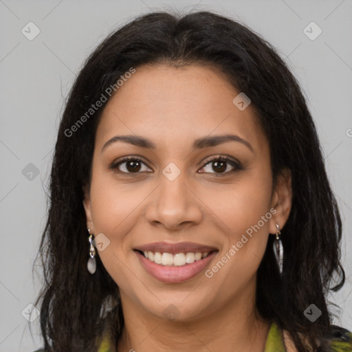 Joyful latino young-adult female with long  brown hair and brown eyes