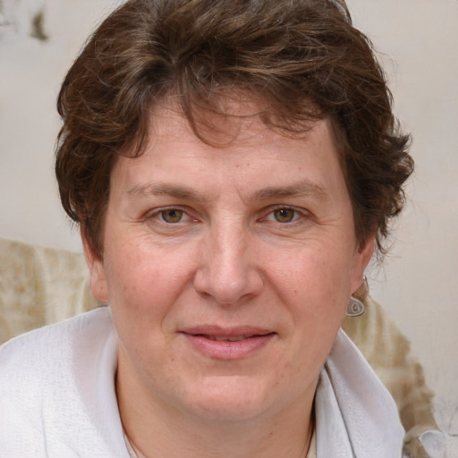 Joyful white adult female with medium  brown hair and blue eyes