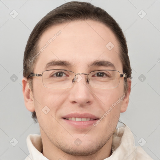 Joyful white adult male with short  brown hair and grey eyes