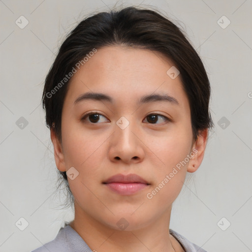 Neutral asian young-adult female with medium  brown hair and brown eyes