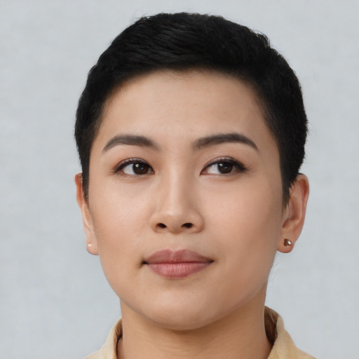 Neutral asian young-adult female with short  black hair and brown eyes