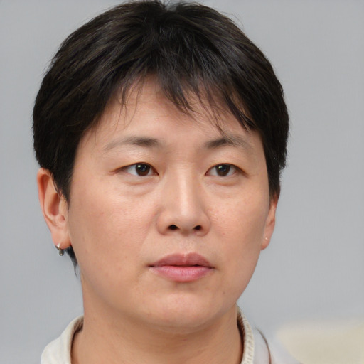 Neutral white young-adult female with short  brown hair and brown eyes