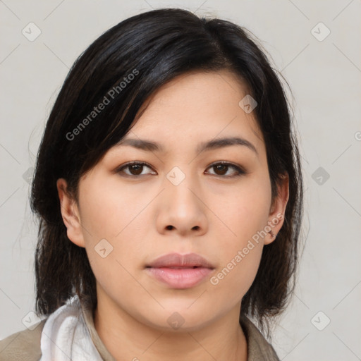 Neutral asian young-adult female with medium  brown hair and brown eyes