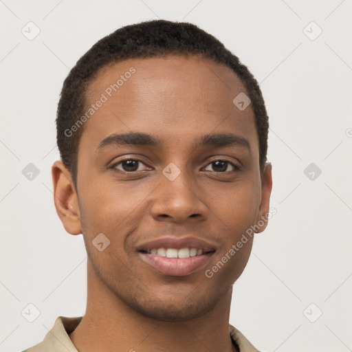 Joyful black young-adult male with short  brown hair and brown eyes