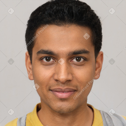 Joyful latino young-adult male with short  black hair and brown eyes